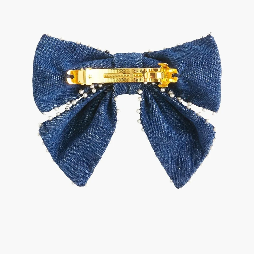 J.Crew Denim Bow Pearl Lined Barrette, Blue/ White